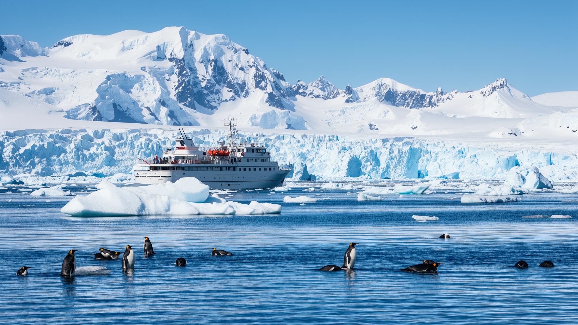 Expedition ship near Antarctic glaciers