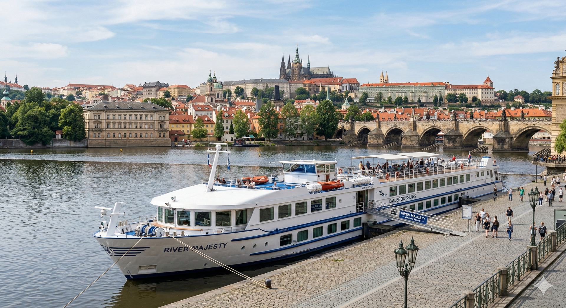 River cruise ship docked in a European village
