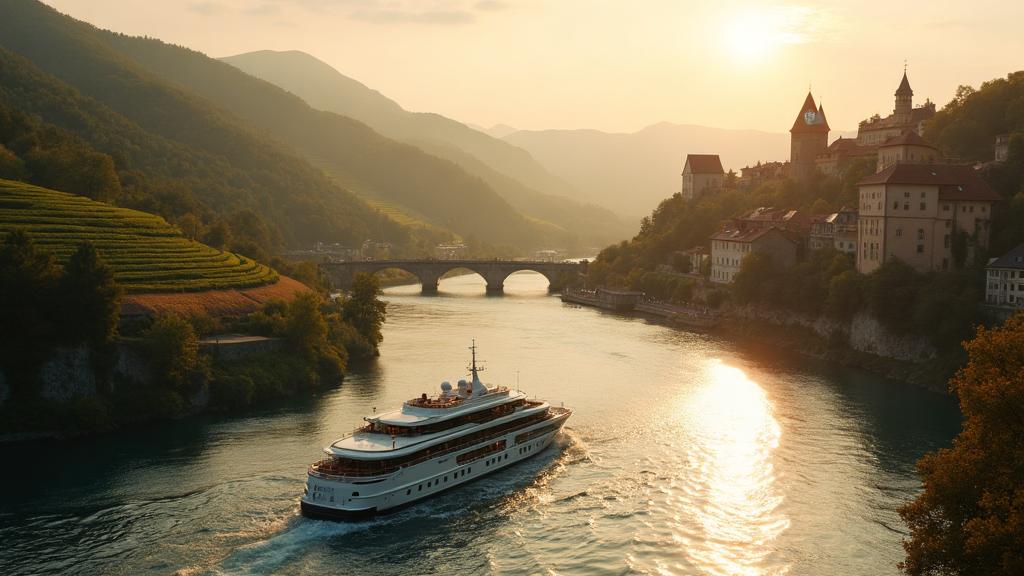 Luxury river cruise ship on a European river at golden hour