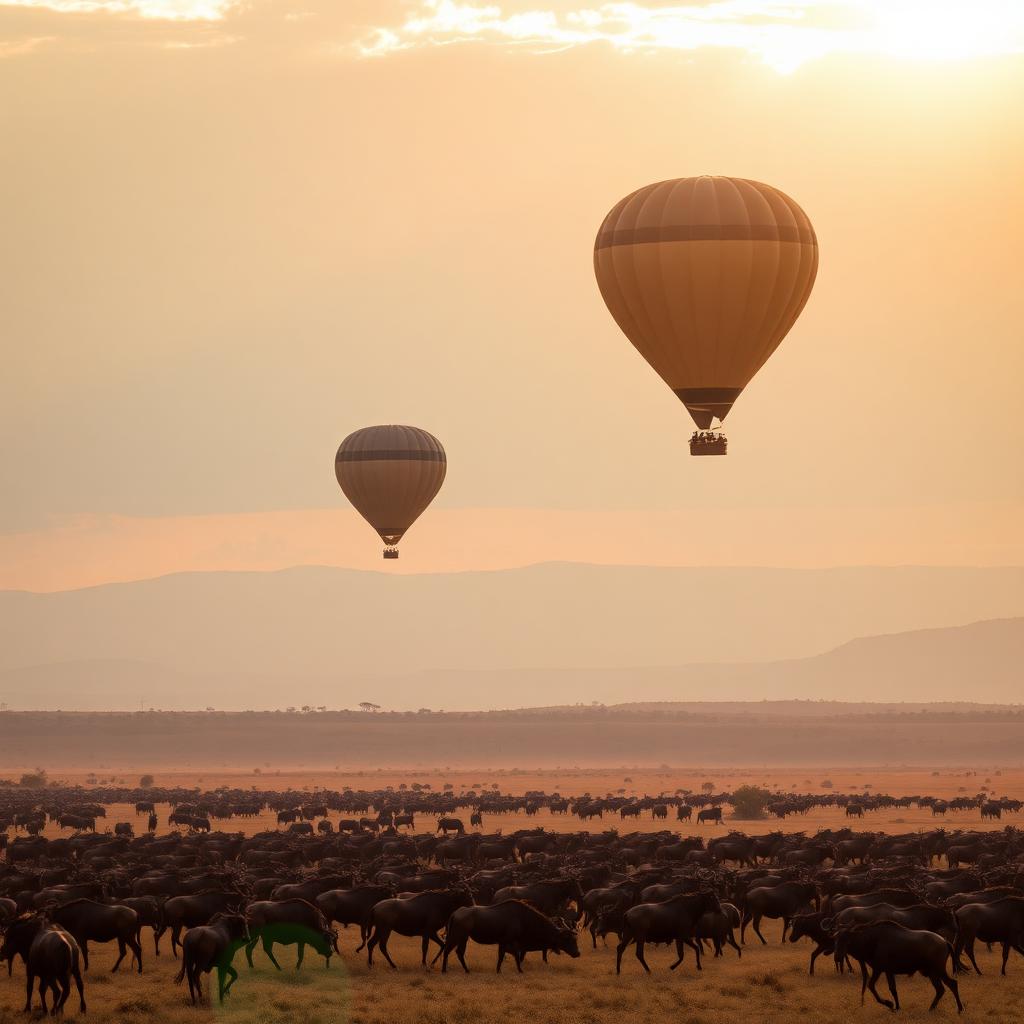 Hot air balloons floating over the Serengeti migration at sunrise