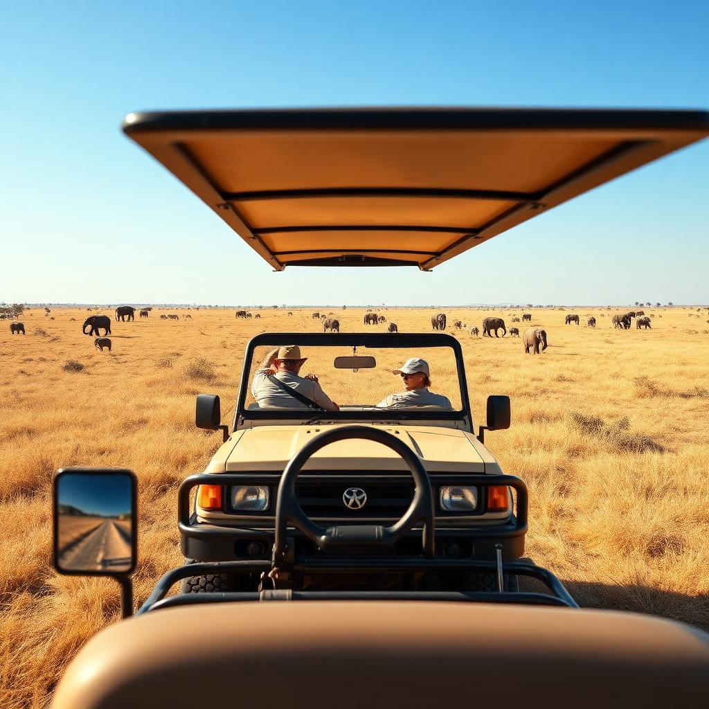 Safari vehicle on a game drive with elephants across the golden savanna