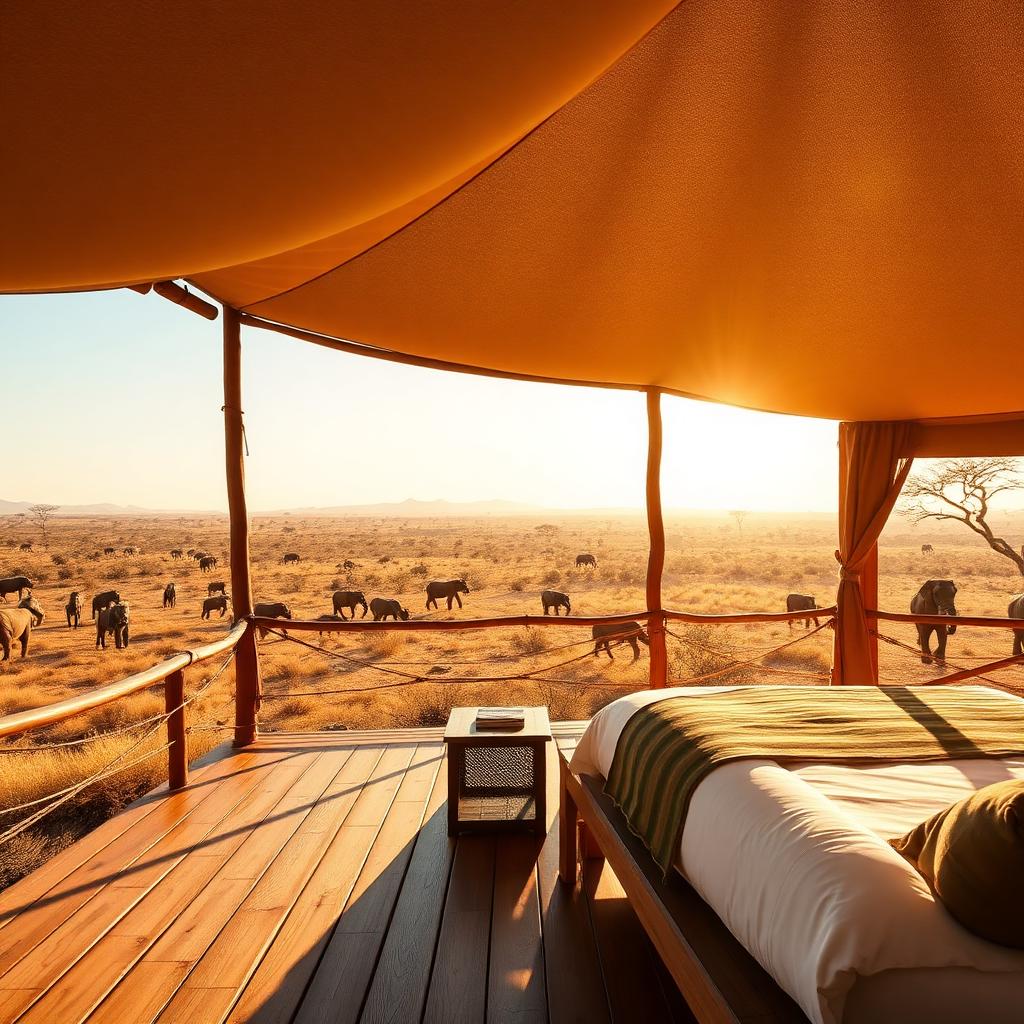 Luxury safari lodge deck overlooking elephants on the savanna